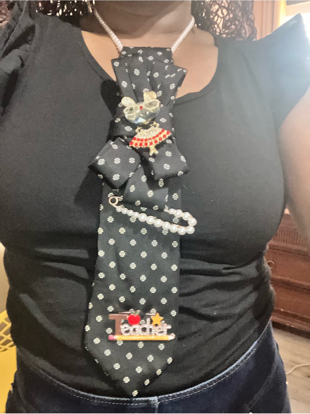 Black Patterned Tie Necklace with Pearl & Rhinestone Charms